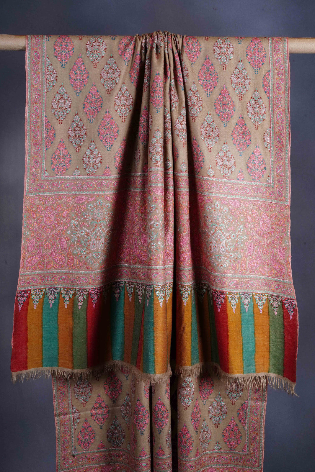Natural Base Multicolor Embroidery Pashmina Cashmere Shawl