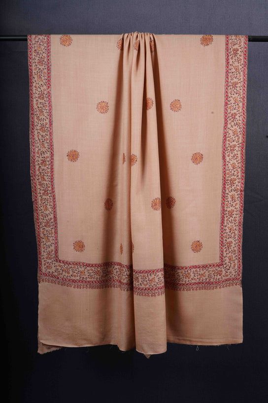 Natural Base Buteh Motif Border Merino wool Embroidery Shawl