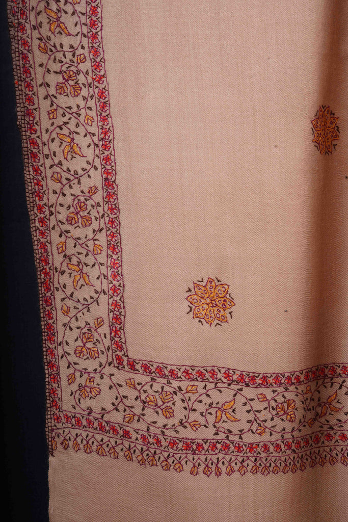 Natural Base Buteh Motif Border Merino wool Embroidery Shawl