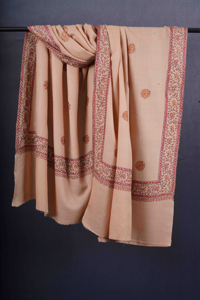 Natural Base Buteh Motif Border Merino wool Embroidery Shawl