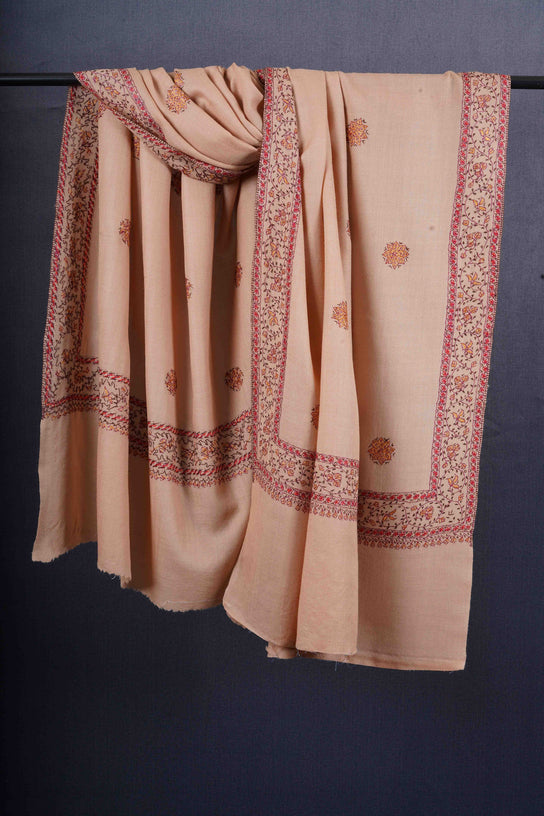 Natural Base Buteh Motif Border Merino wool Embroidery Shawl