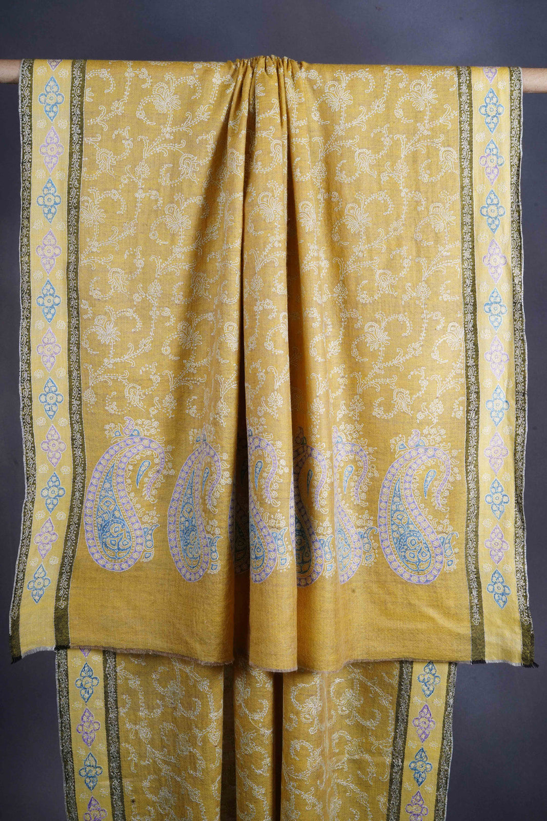 2.5 yard Mustard Jali Embroidery Cashmere Pashmina Shawl