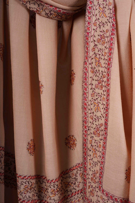 Natural Base Buteh Motif Border Merino wool Embroidery Shawl