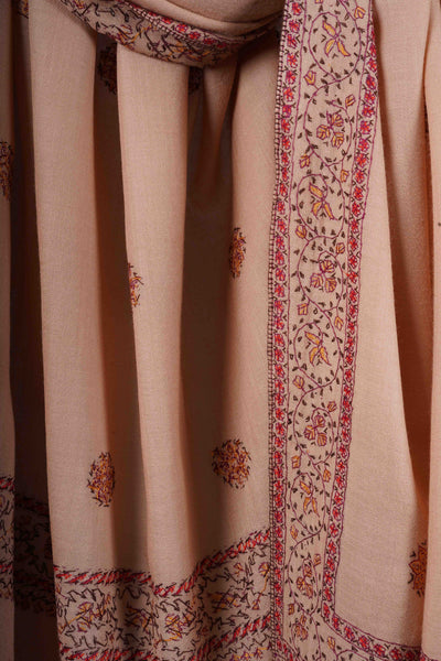 Natural Base Buteh Motif Border Merino wool Embroidery Shawl