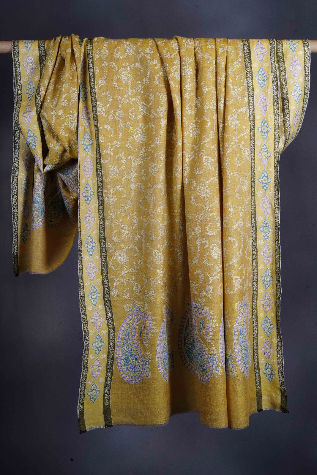 2.5 yard Mustard Jali Embroidery Cashmere Pashmina Shawl