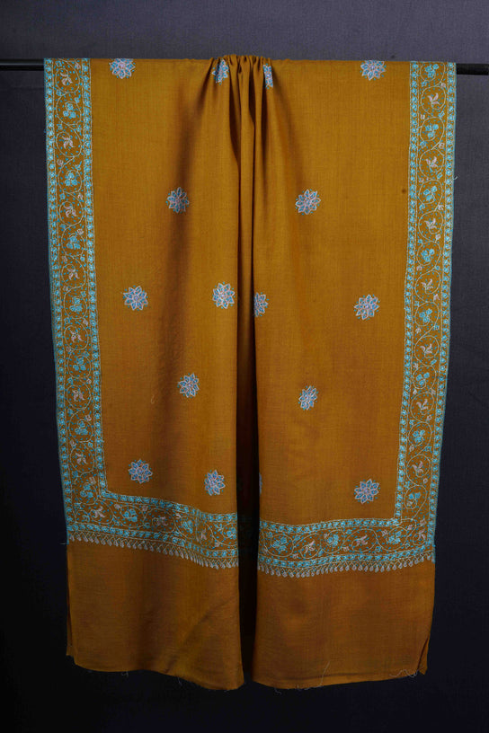 Mustard Base Buteh Motif Border Merino wool Embroidery Shawl