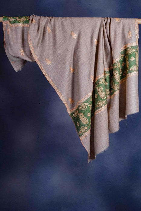 Natural Butti-Dar & Border Embroidery Cashmere Pashmina Shawl