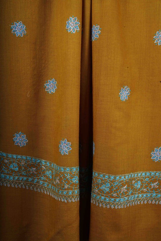 Mustard Base Buteh Motif Border Merino wool Embroidery Shawl