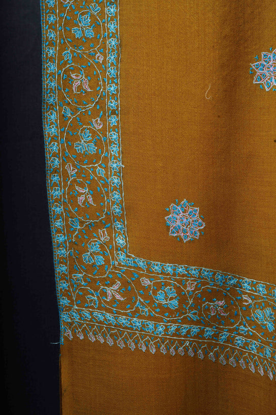 Mustard Base Buteh Motif Border Merino wool Embroidery Shawl