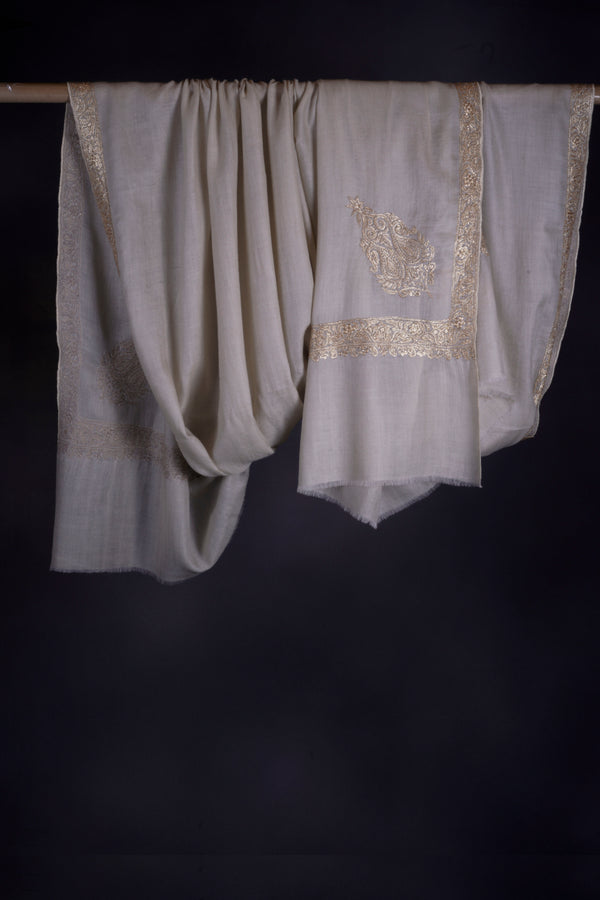 3 Yard Ivory Base With Tilla Embroidery Pashmina Shawl