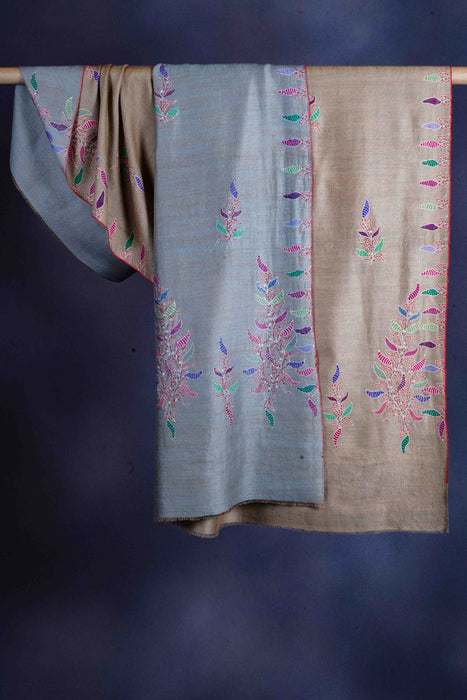 Blue And Natural Base Reversible Big Border Embroidery Cashmere Pashmina Shawl