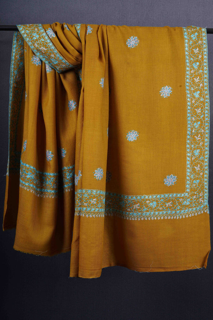 Mustard Base Buteh Motif Border Merino wool Embroidery Shawl