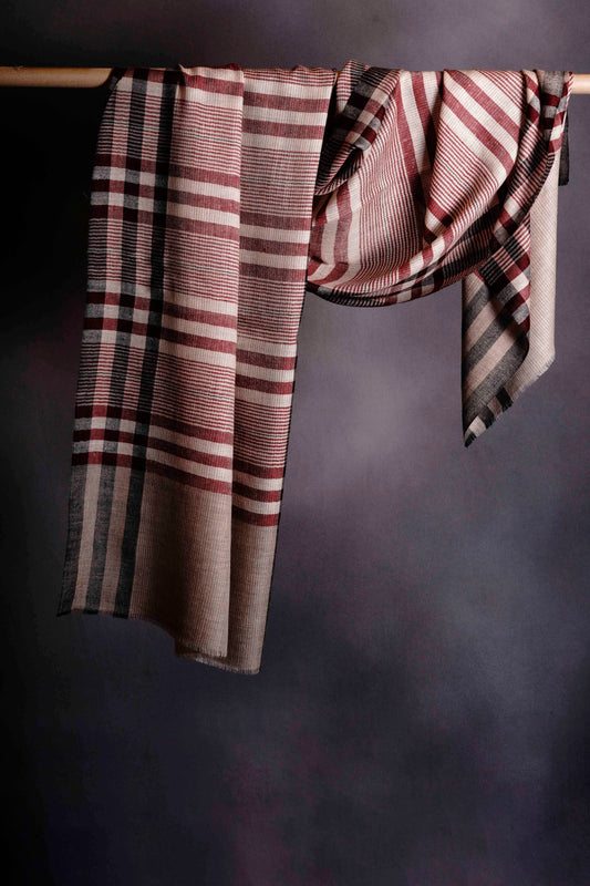 Maroon and Ivory Stripe Handwoven Cashmere Pashmina Scarf
