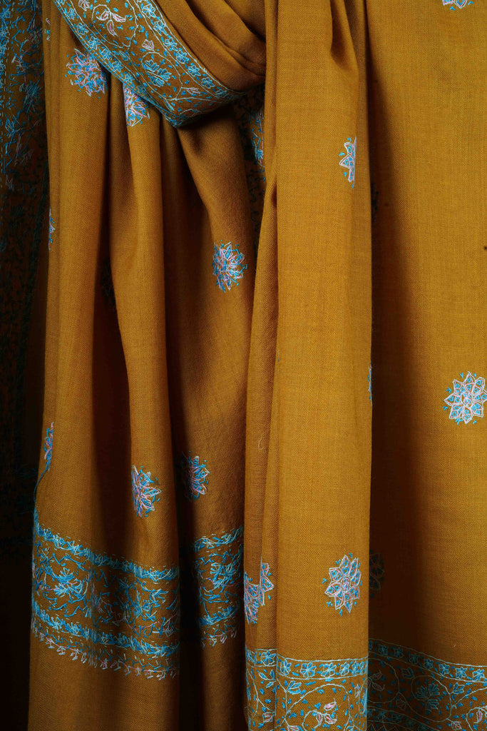 Mustard Base Buteh Motif Border Merino wool Embroidery Shawl