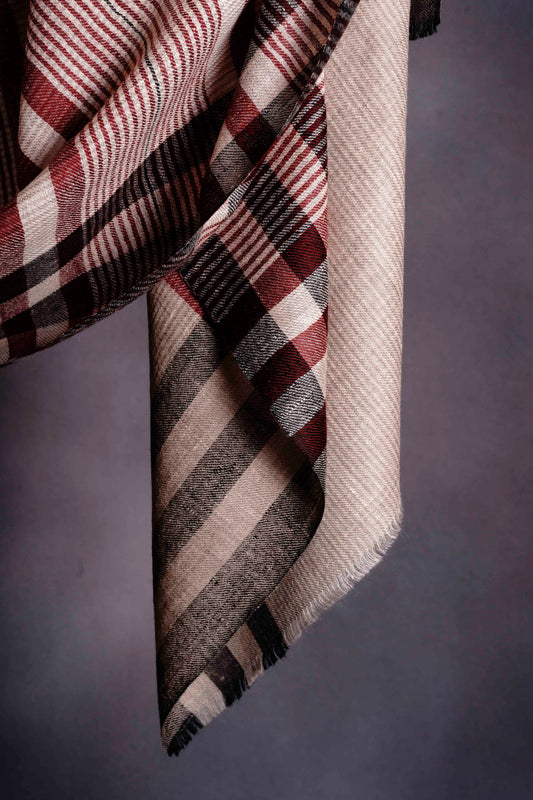 Maroon and Ivory Stripe Handwoven Cashmere Pashmina Scarf