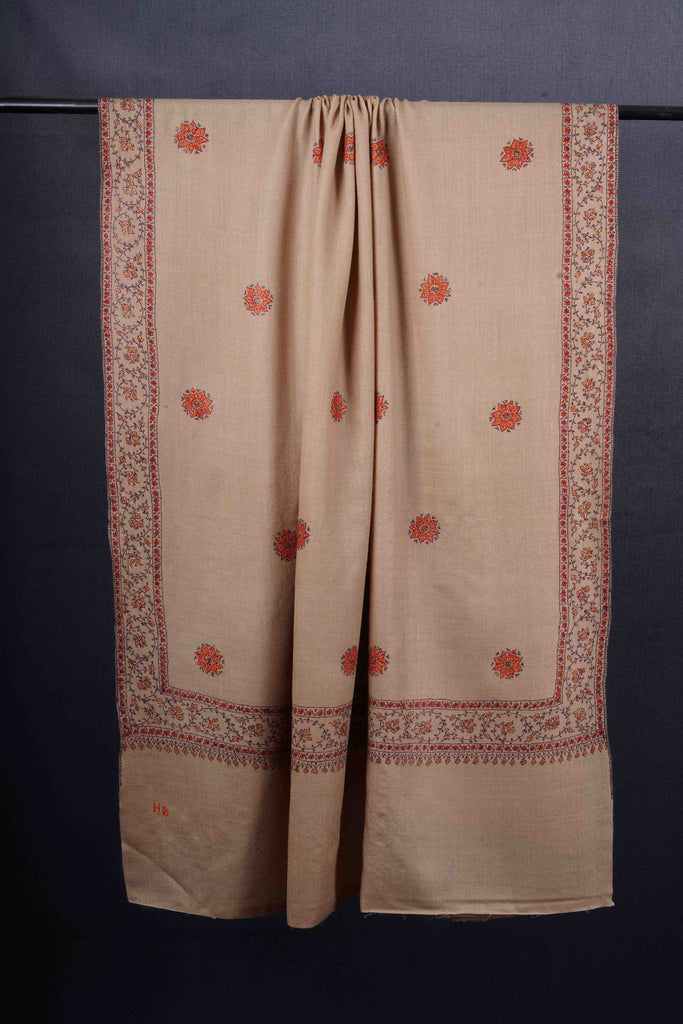 Beige Base Buteh Motif Border Merino wool Embroidery Shawl