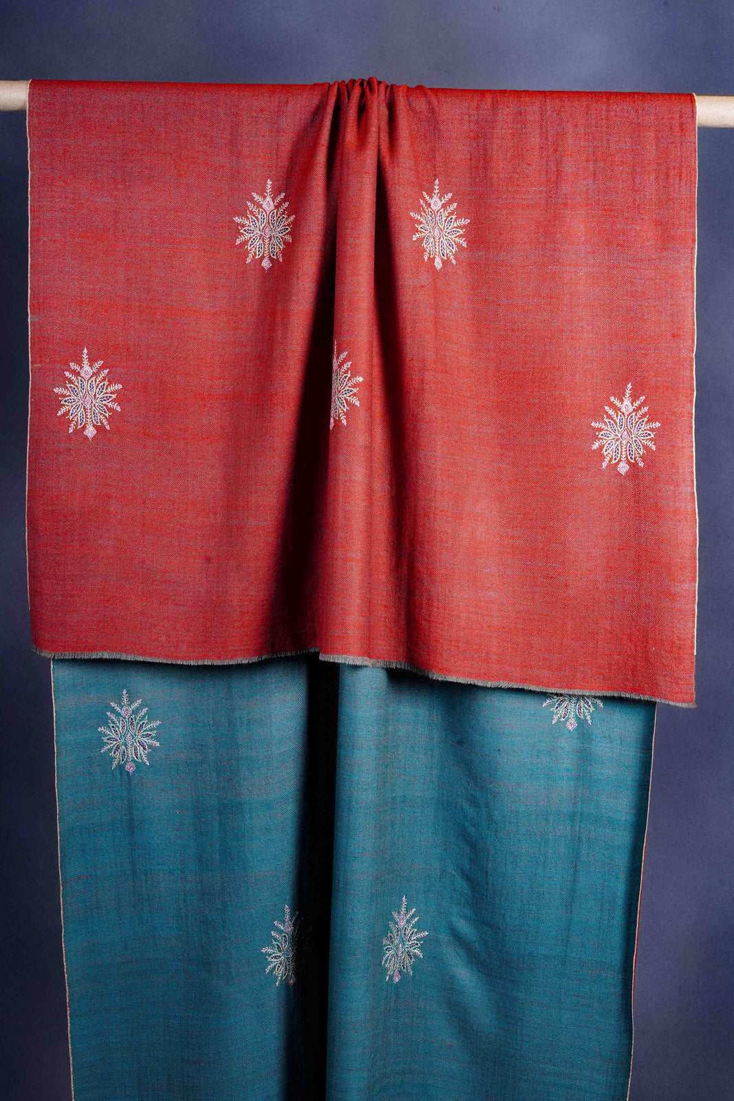 Rust Reversible Motif Embroidery Pashmina Cashmere Shawl