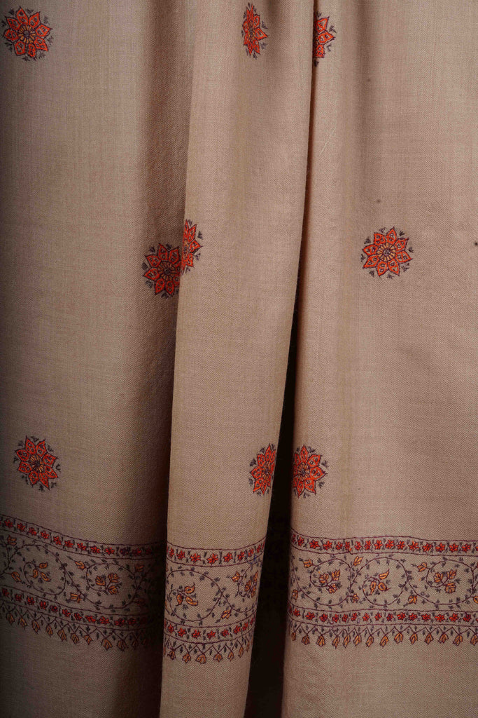 Beige Base Buteh Motif Border Merino wool Embroidery Shawl