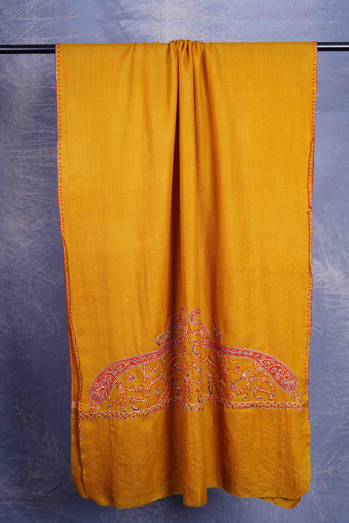 Mustard Big Border Sozni Embroidery Merino Wool Scarf