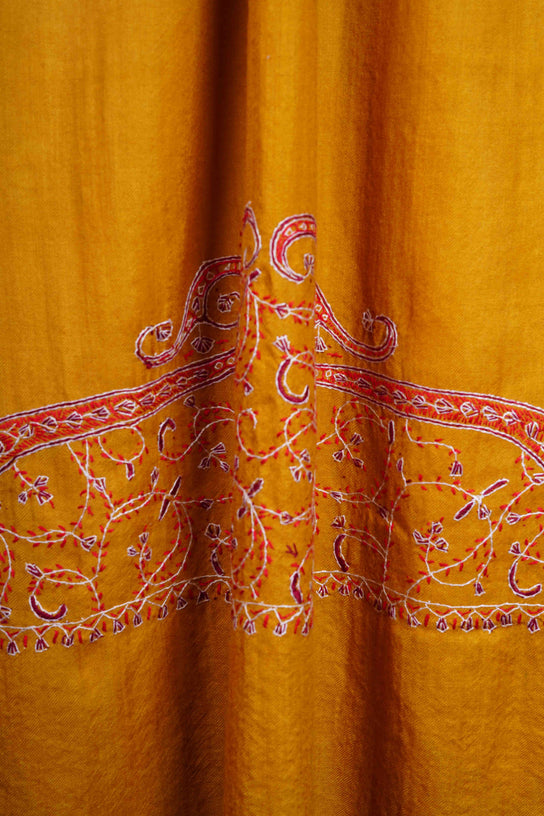 Mustard Big Border Sozni Embroidery Merino Wool Scarf