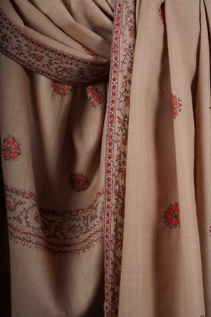Beige Base Buteh Motif Border Merino wool Embroidery Shawl