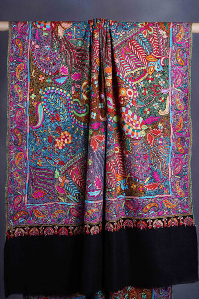 Black Base papier-mâché Jamawar Embroidery Pashmina Shawl