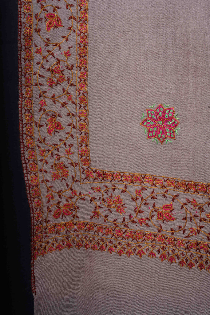 Light Natural Base Buteh Motif Border Merino wool Embroidery Shawl