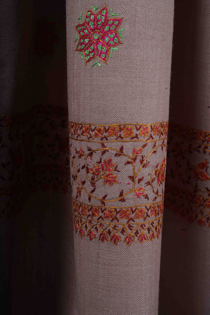 Light Natural Base Buteh Motif Border Merino wool Embroidery Shawl