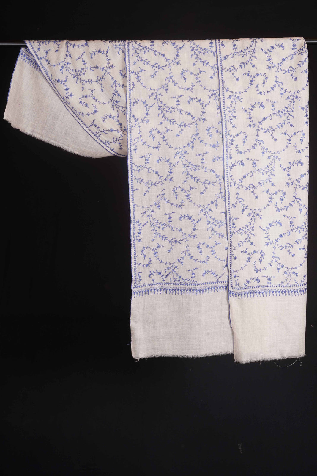 White Jali With Blue Embroidery Pashmina Cashmere Scarf