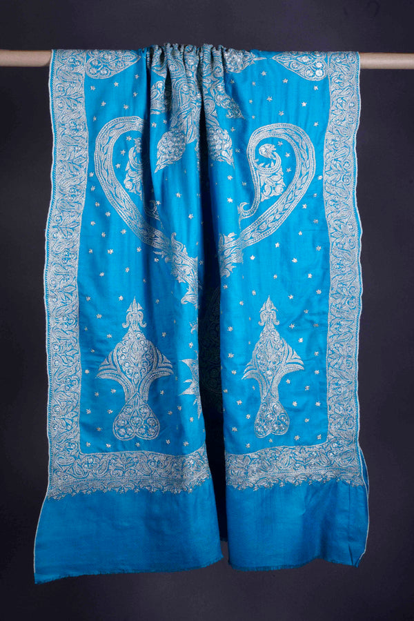 Turquoise Tilla Embroidery Pashmina Shawl