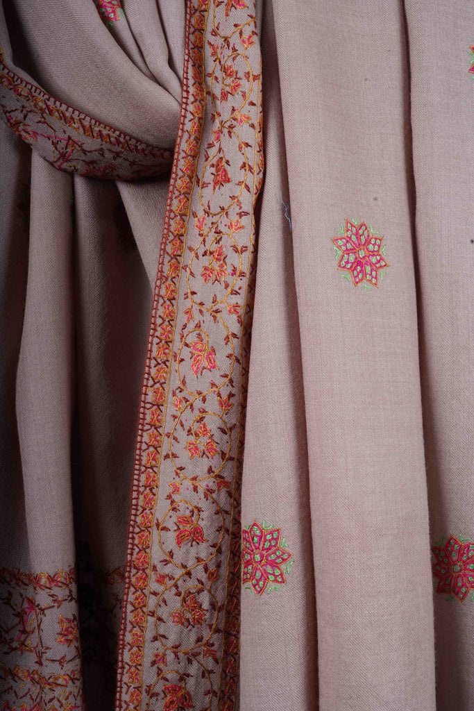 Light Natural Base Buteh Motif Border Merino wool Embroidery Shawl