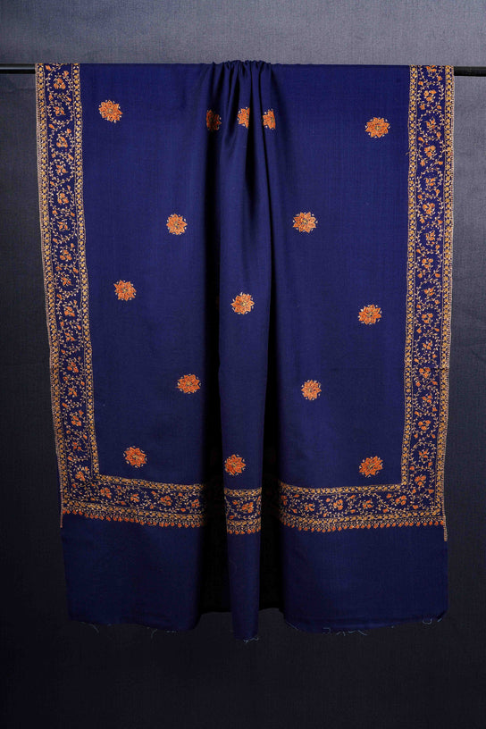 Blue Base Buteh Motif Border Merino wool Embroidery Shawl