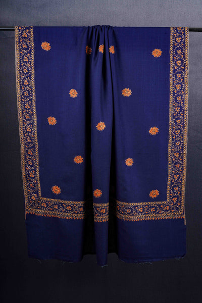Blue Base Buteh Motif Border Merino wool Embroidery Shawl