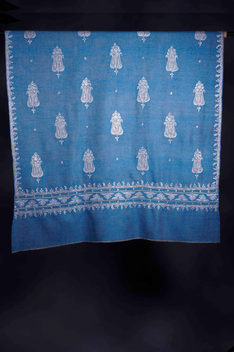 2.5 Yard Blue Base Gold & Silver Tilla Embroidery Pashmina Shawl