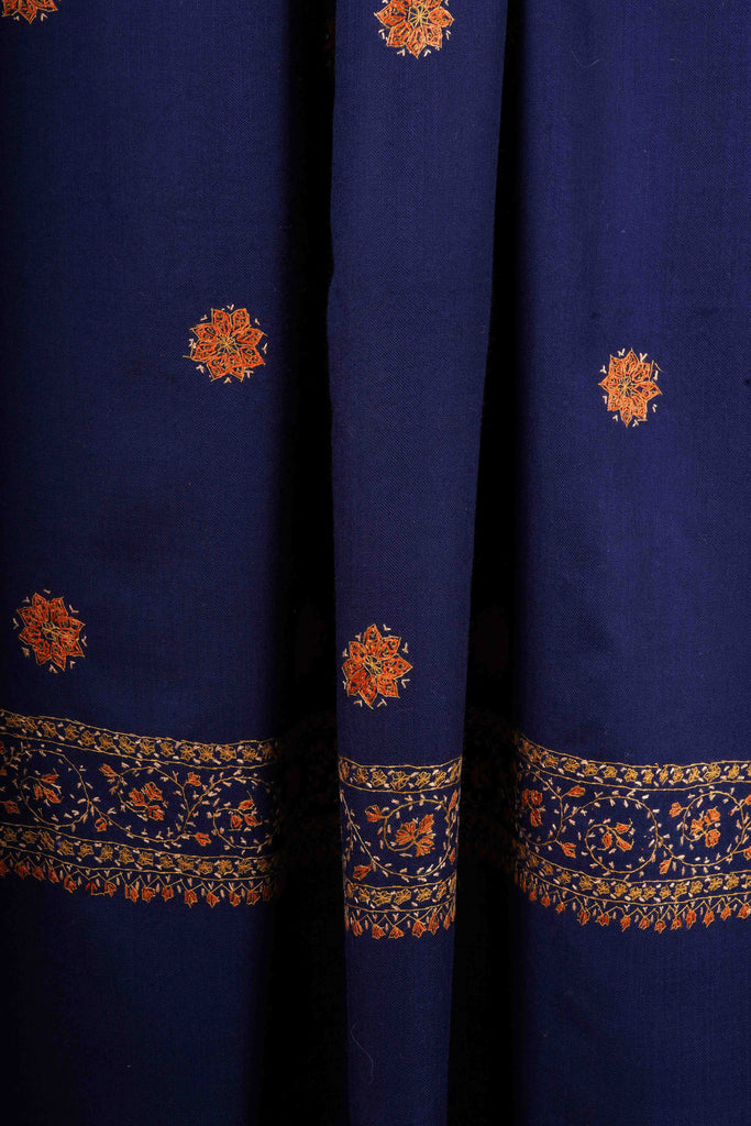 Blue Base Buteh Motif Border Merino wool Embroidery Shawl