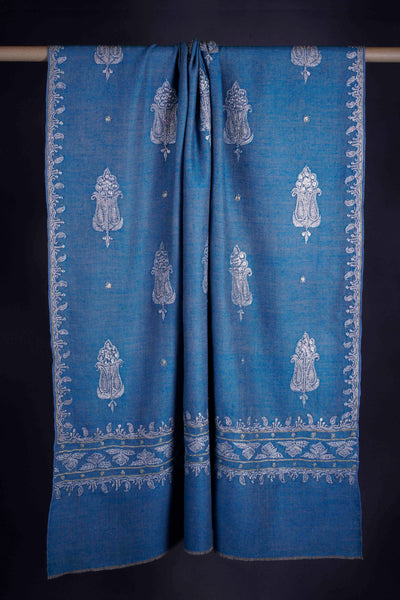 2.5 Yard Blue Base Gold & Silver Tilla Embroidery Pashmina Shawl