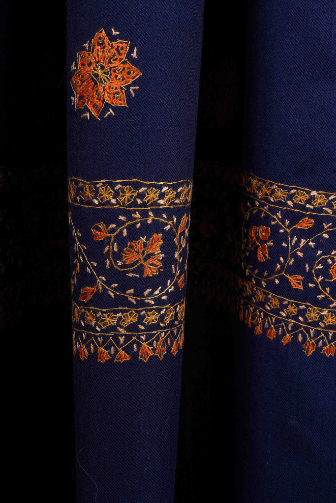 Blue Base Buteh Motif Border Merino wool Embroidery Shawl