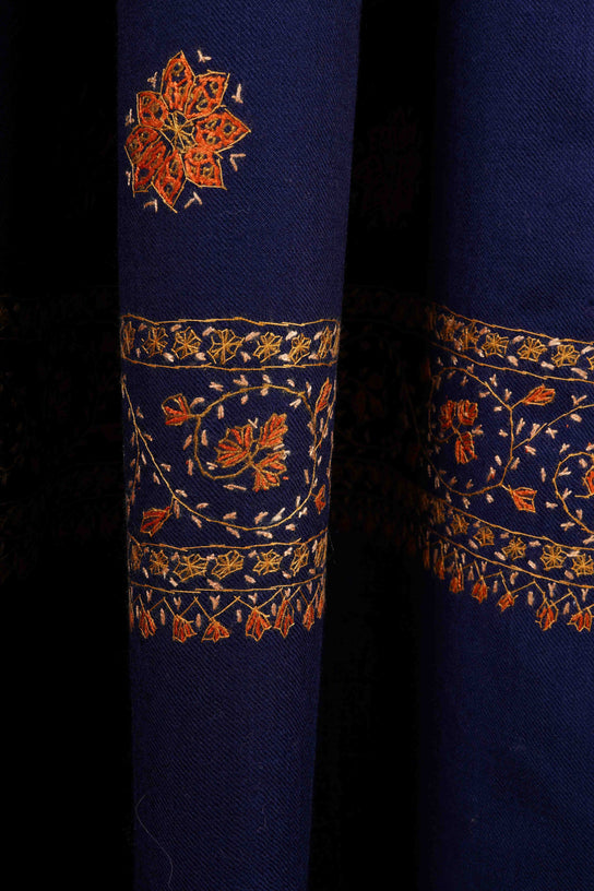Blue Base Buteh Motif Border Merino wool Embroidery Shawl
