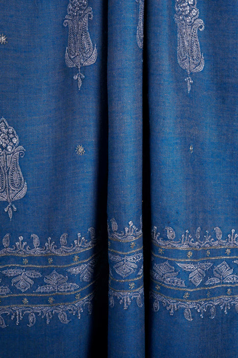 2.5 Yard Blue Base Gold & Silver Tilla Embroidery Pashmina Shawl