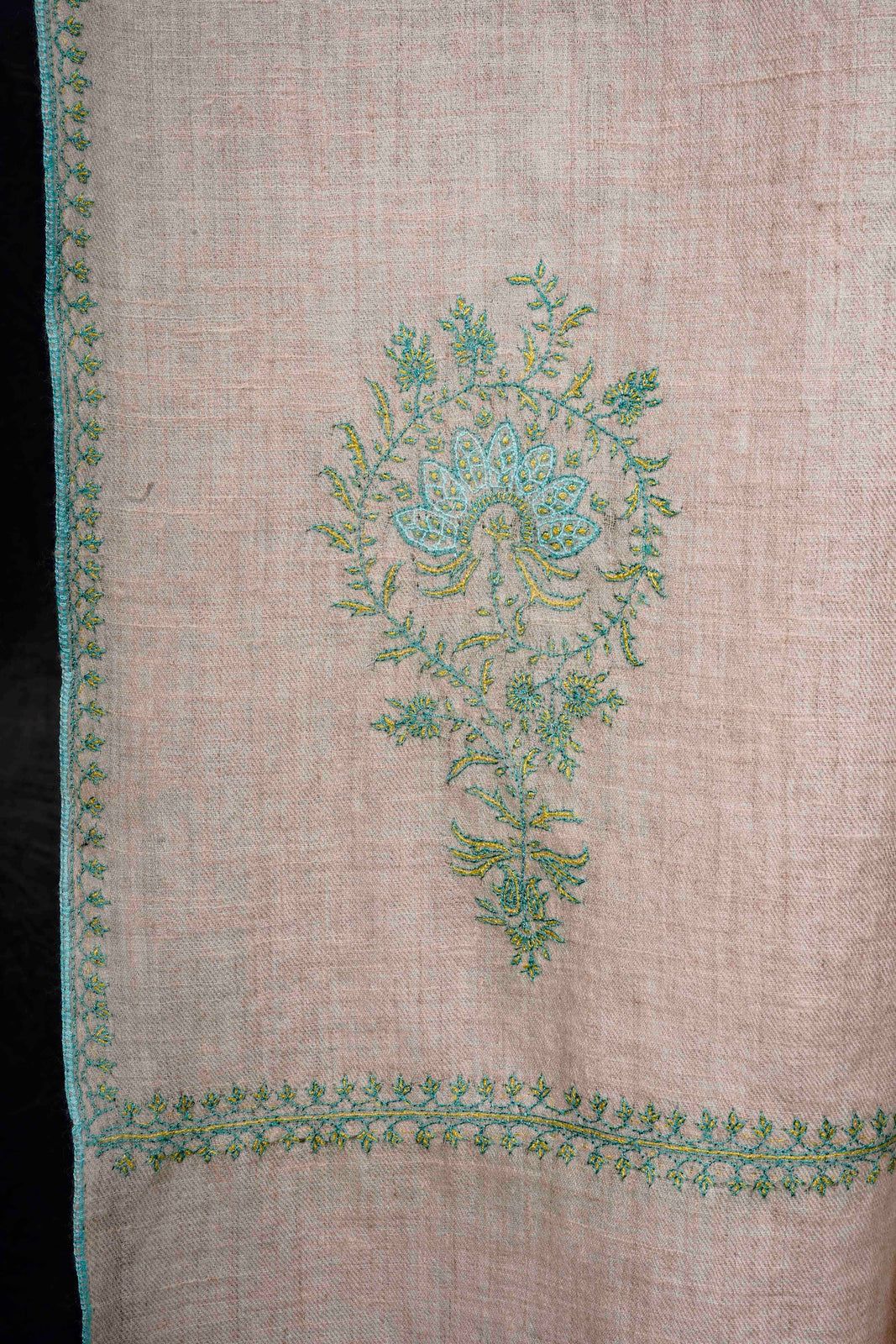 Ivory Base with Green color Buteh-dar Embroidery Pashmina Cashmere Shawl