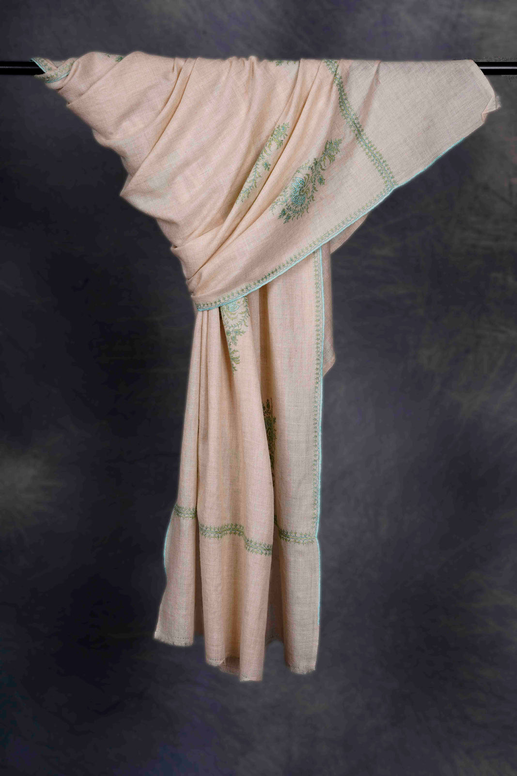 Ivory Base with Green color Buteh-dar Embroidery Pashmina Cashmere Shawl