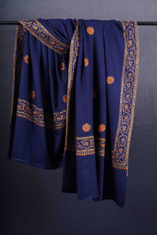 Blue Base Buteh Motif Border Merino wool Embroidery Shawl