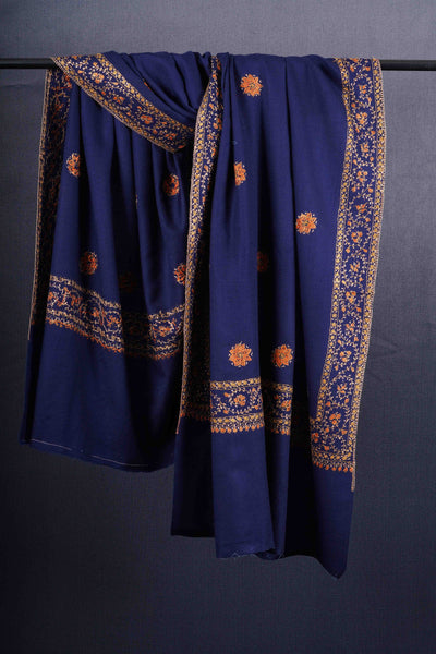 Blue Base Buteh Motif Border Merino wool Embroidery Shawl