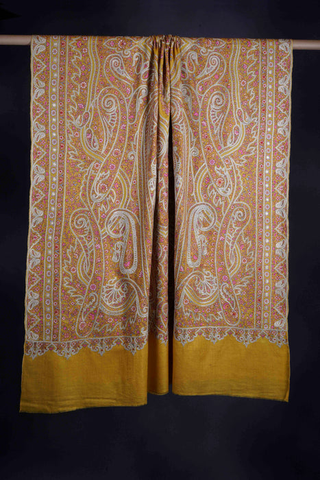 2.5 Yard Mustard Base Silver Tilla Embroidery Pashmina Shawl