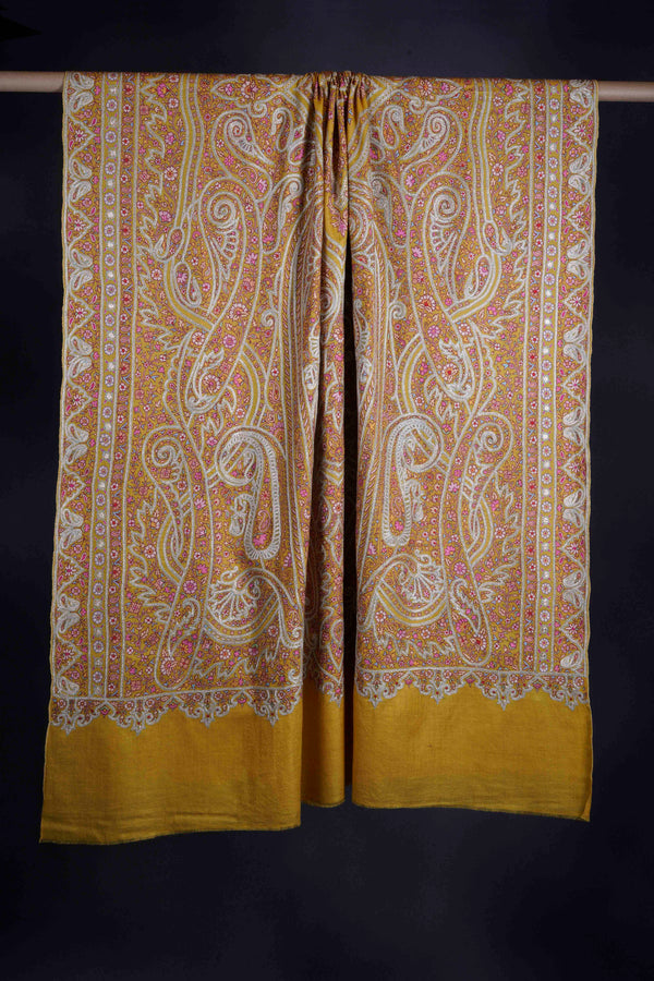 2.5 Yard Mustard Base Silver Tilla Embroidery Pashmina Shawl