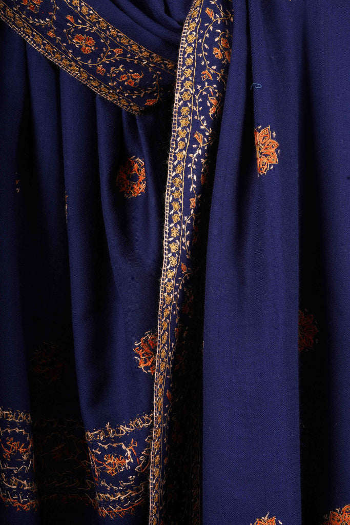 Blue Base Buteh Motif Border Merino wool Embroidery Shawl