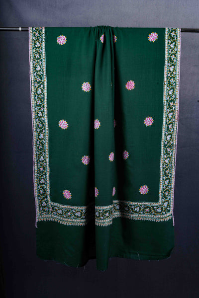 Green Base Buteh Motif Border Merino wool Embroidery Shawl