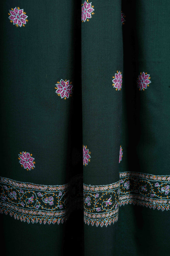 Green Base Buteh Motif Border Merino wool Embroidery Shawl