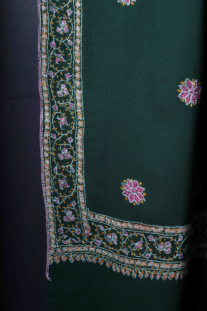 Green Base Buteh Motif Border Merino wool Embroidery Shawl