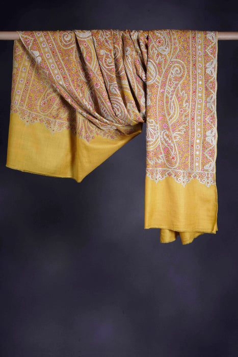 2.5 Yard Mustard Base Silver Tilla Embroidery Pashmina Shawl